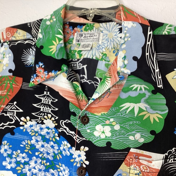 Vtg Avanti Silk Hawaiian Shirt Black Pagoda Med - Picture 4 of 11
